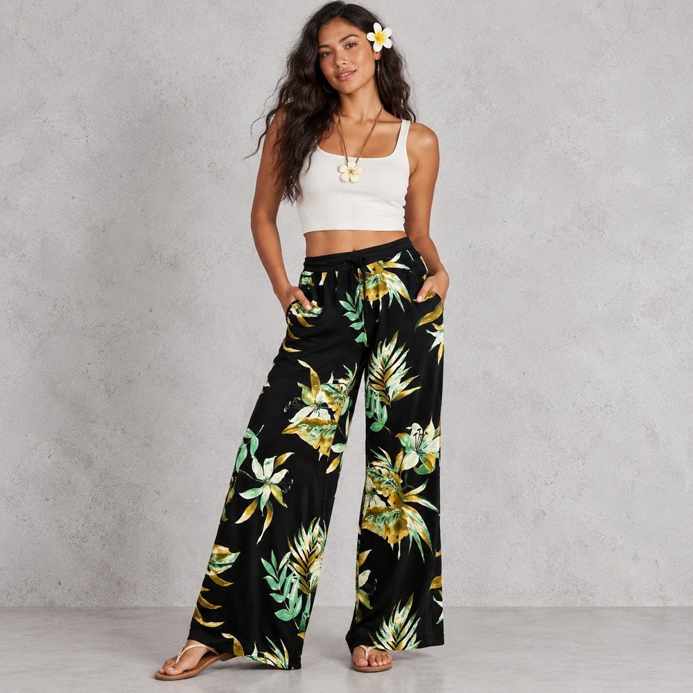 Lauren Ralph Lauren Tropical Floral Womens Wide-leg Pants Black Green Size PM